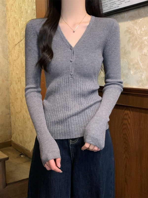春秋季内搭针织长袖毛衣美式高级感收腰显瘦V领长袖针织打底衫女|undefined