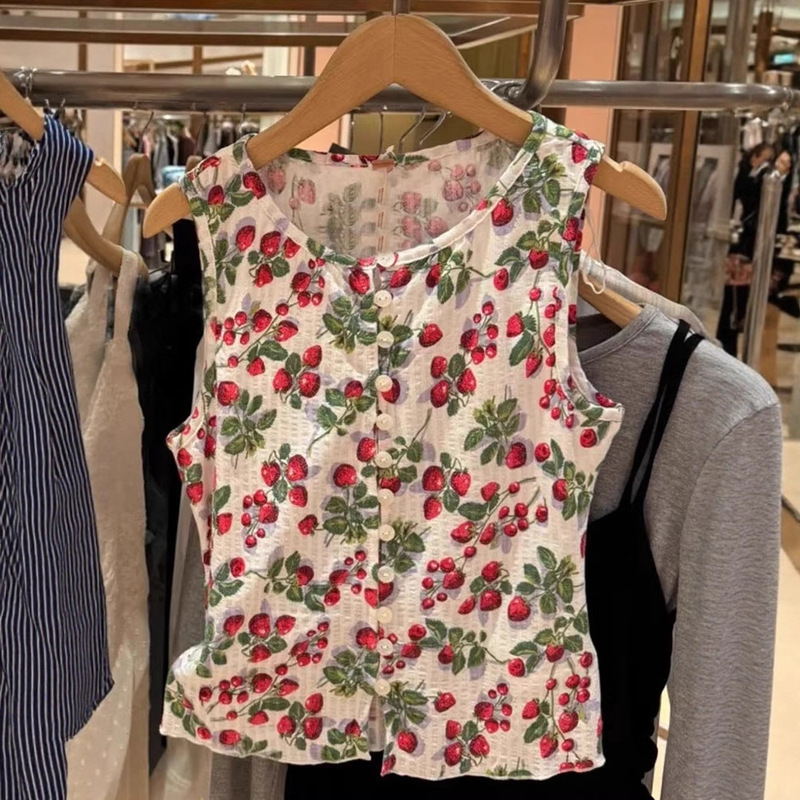 Floral Strawberry Sleeveless Ramie Shirt Vest 2025 New Bohemian Ethnic Unique Beautiful Top Women Summer
