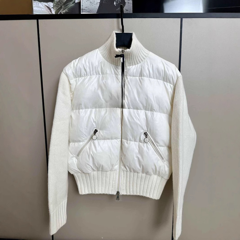 High-End Mengjia 2024 New Embroidered Letter Logo Women's Stand-Up Collar Knitted Mengkou Women's Patchwork down Jacket