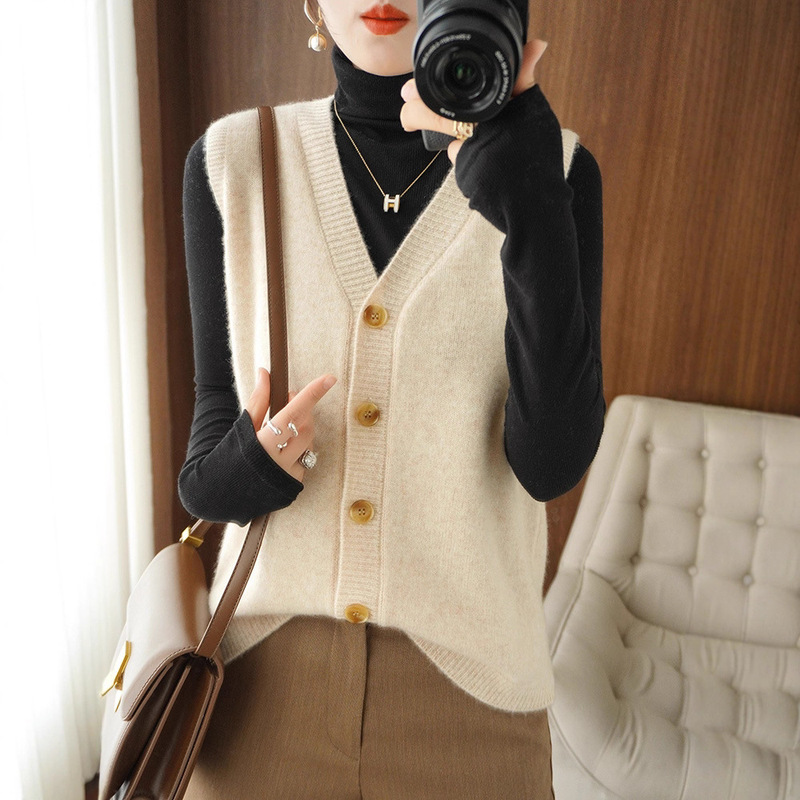 Cross-Border Vest Cardigan Women's Autumn and Winter Outer Vest Jacket Loose Large Size Core-Spun Yarn Knitted Vest Vest