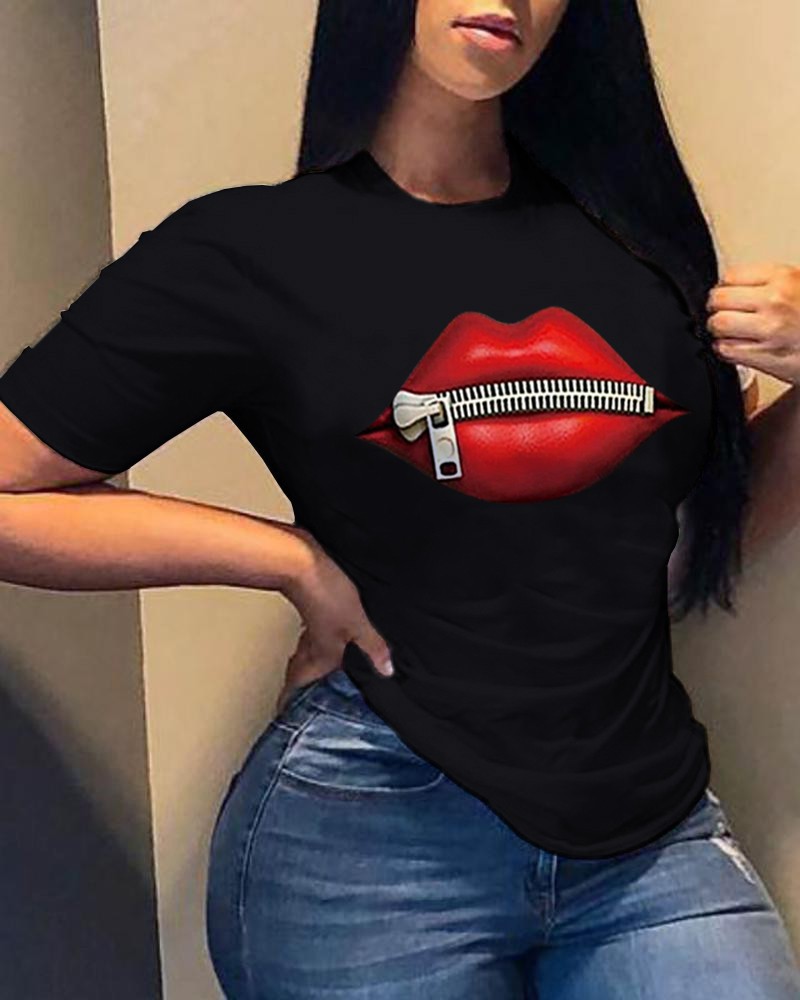 Printing Letter Lips Round Neck Short Sleeve Ladies T-Shirt NSZZF71017