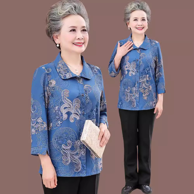 Grandma's Summer Clothes Ice Silk Long-sleeved Shirt for Middle-aged and Elderly Spring Clothes for Female Mothers Summer Clothes for Old People and Wife