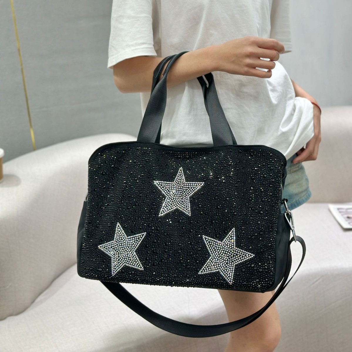 Borsa a mano quadrata con stampa a caldo di grande capacità, grande borsa a tracolla con monospalla pentagramma_voghion.com