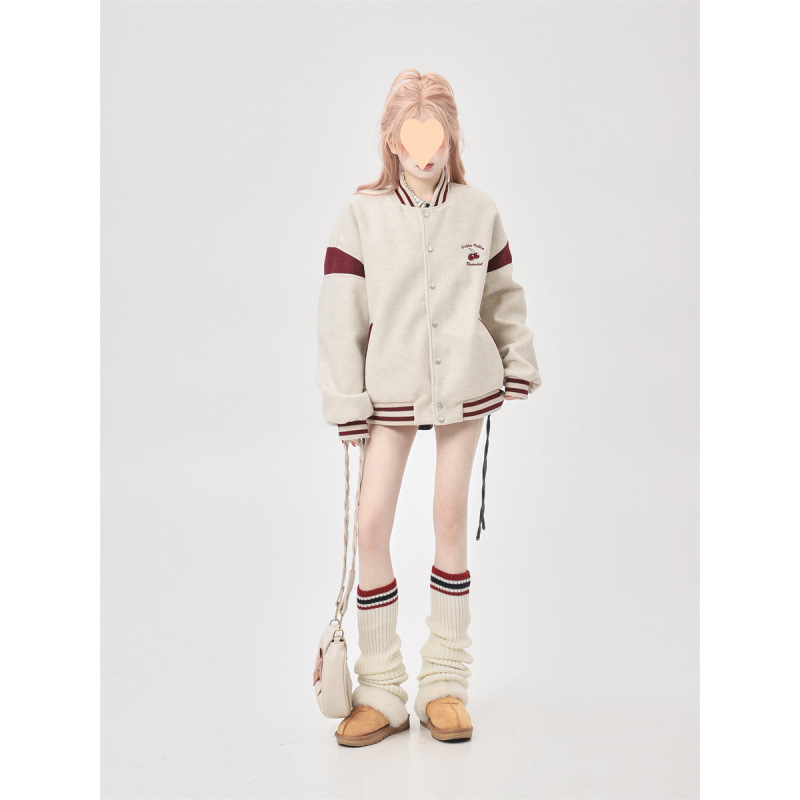 跨境美式宽松灰色拼接棒球服外套女春秋款2025年设计感小众飞行员|undefined