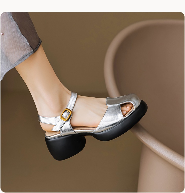 Sandal cao gót nữ bít mũi da cừu gót thô kiểu La Mã đế dày quai ngang — Màu trắng be chi tiết 16