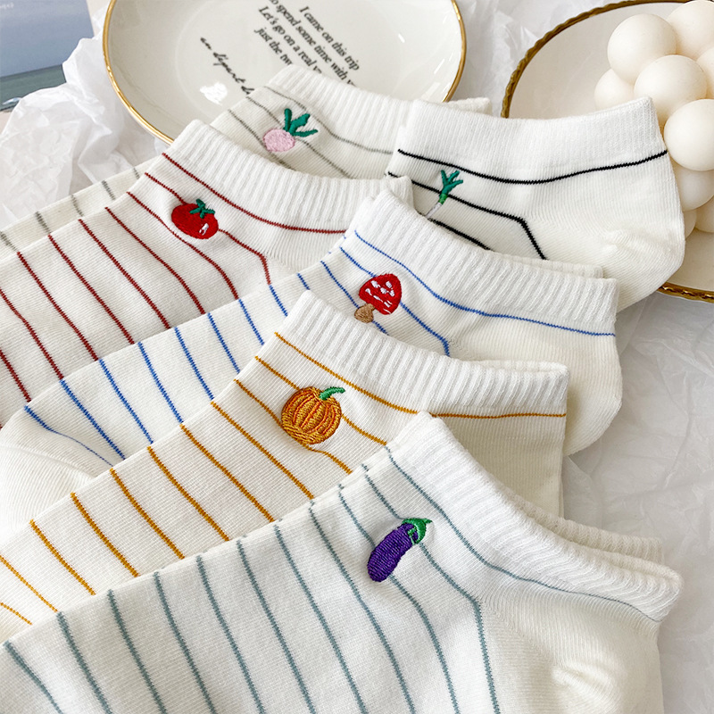 Spring and Summer Striped Cute Embroidered Japanese College Style Boat Socks Low-Top All-Match Breathable Invisible Thin Cotton Socks
