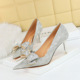 1829-AH5 European and American Style Banquet Women's Shoes High Heels, Shallow Mouth, Pointed Tip, Shining Sequin Fabric, Rhinestone Bow Tie, Single Shoe, Female