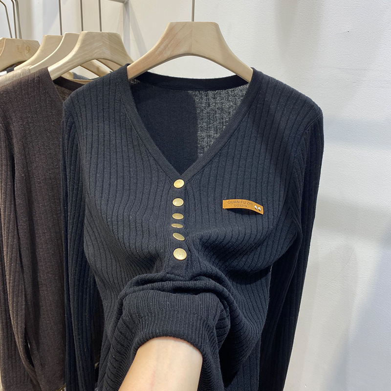 Women's Clothing base knitted sweater women autumn new style v neck long sleeved top pullover fashionable temperament inner sweater_voghion.com