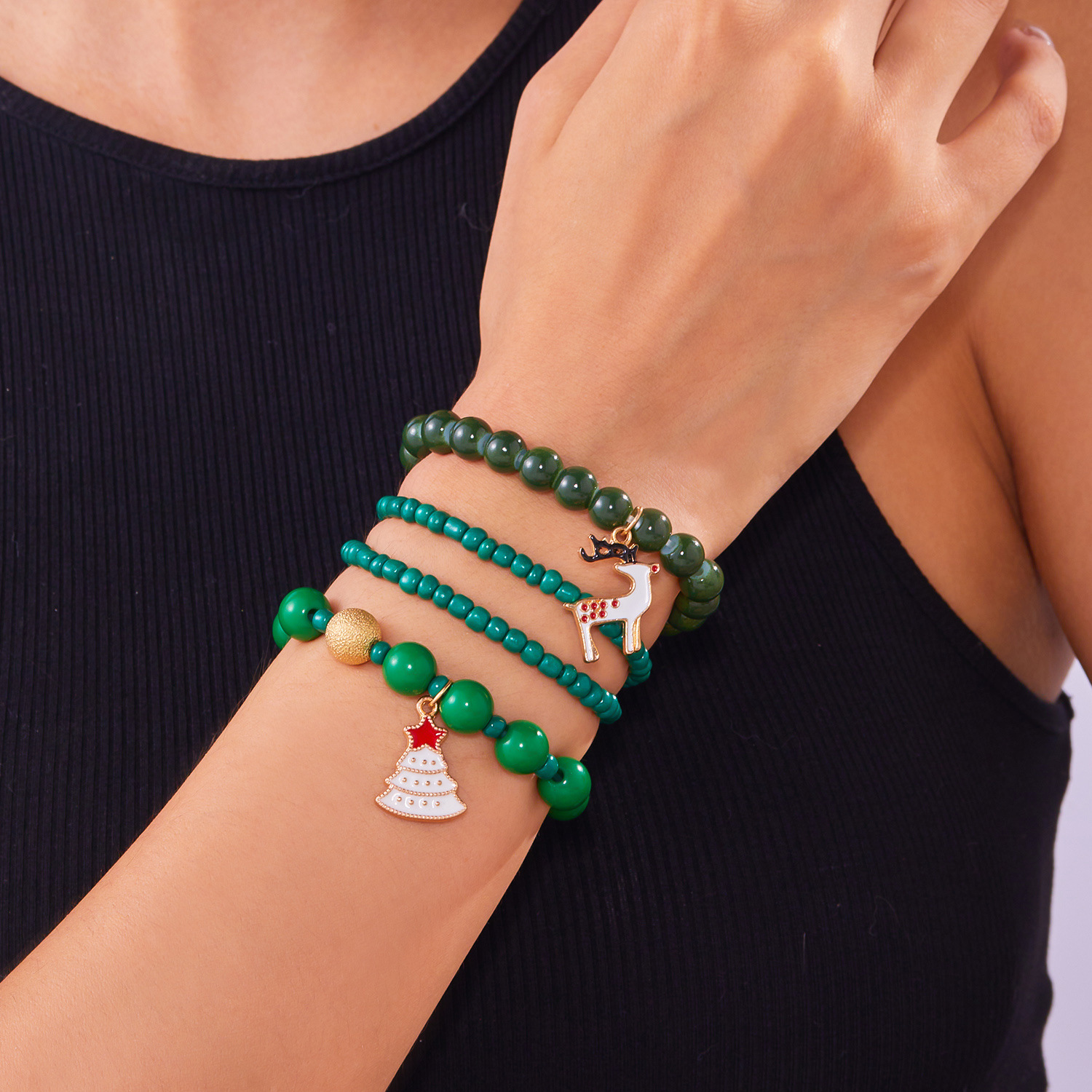 New Christmas Day Colorful Acrylic Diamond Snowflake Bell Elastic Bead Bracelet Set_voghion.com