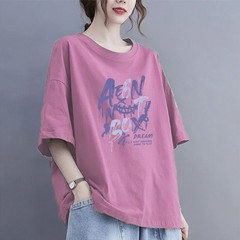 夏 100kg 大きいサイズの純綿 Tシャツ半袖レディースルーズお腹カバートップスアウターウェア痩身カバーフlesh ラウンドネックトップス女性用