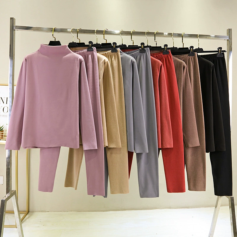 Двусторонний бархатный нижний костюм, Женская осенне-зимняя Водолазка с длинным рукавом, теплая осенняя одежда, длинные брюки, комплект из двух предметов