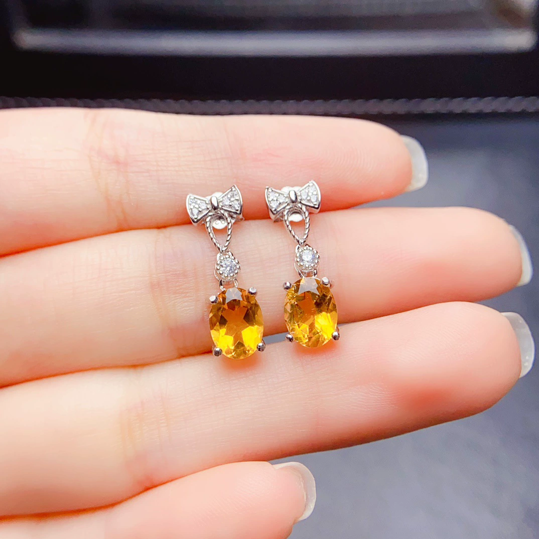 Серьги-гвоздики из натурального цитрина, серебро S925, инкрустация основным камнем 6*8 мм, универсальные, модные, популярные женские украшения, оптовая продажа, драгоценный камень