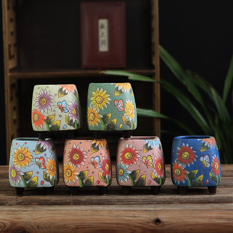 Yanxi Basin Dehua Porcelain Chinese Style Sunflower Old Pile Pottery Basin Ceramic Fleshy Plant Hand-painted Flower Pot Flower Ware