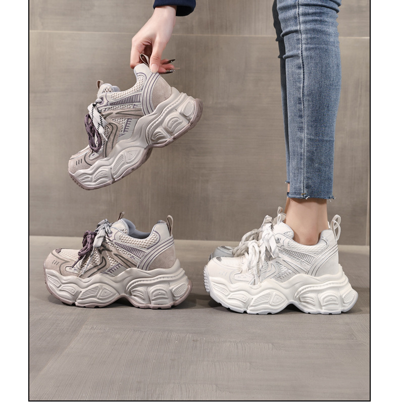 Giày sneaker nữ đế dày tăng chiều cao 9,5 cm lưới thoáng khí phong cách daddy — màu tím chi tiết 17