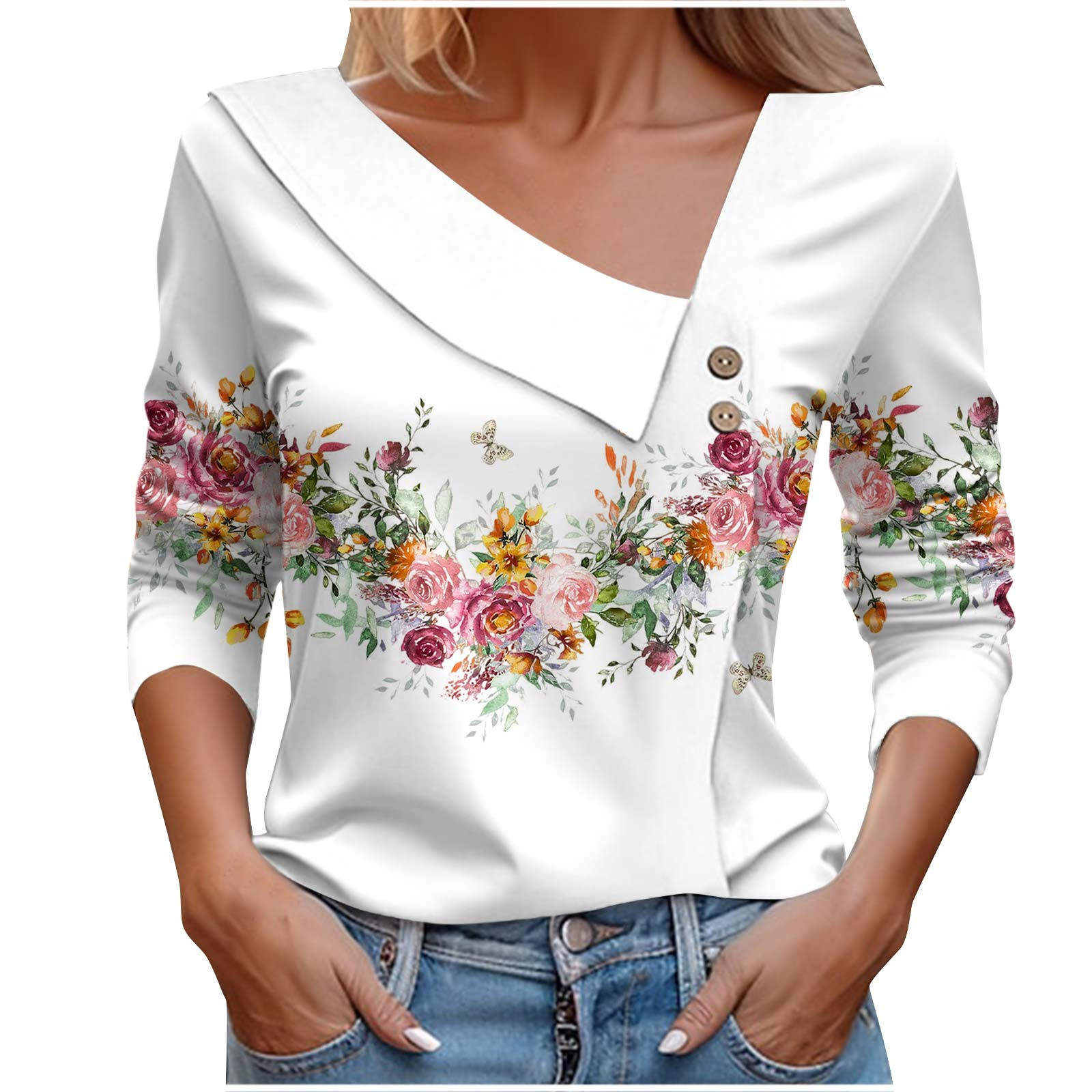 T-shirt da donna popolare primaverile e autunnale a maniche lunghe con scollo a V T-shirt stampata a fiori colorati_voghion.com