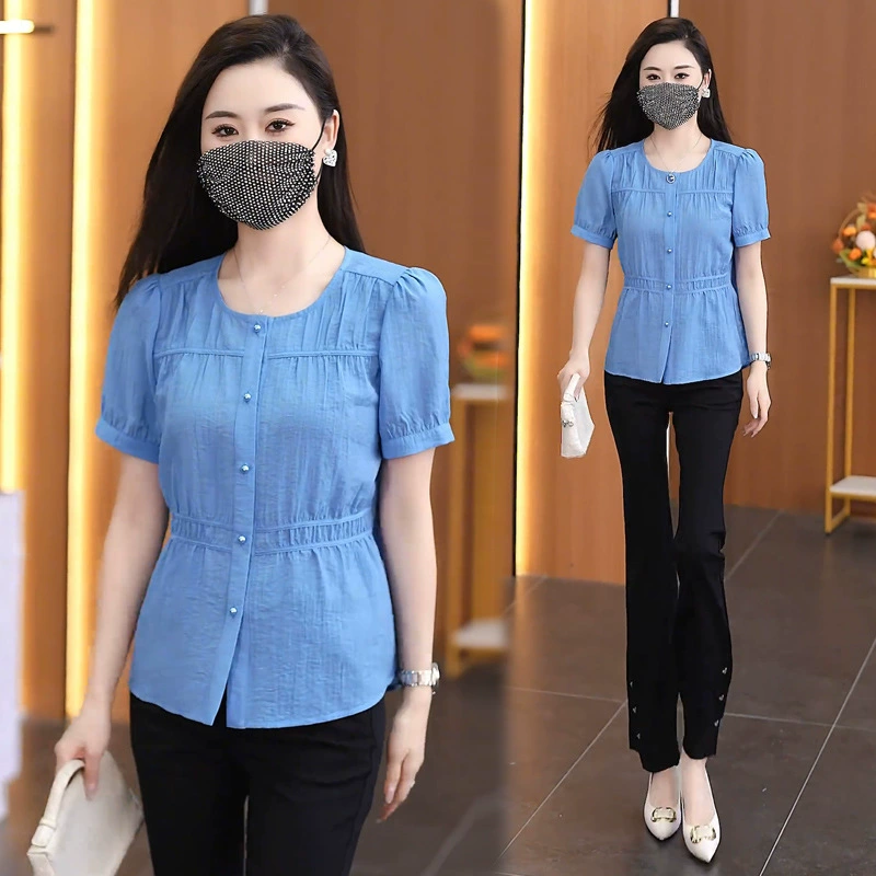 Женская рубашка 2025, летняя новая модная модная рубашка с круглым вырезом и короткими рукавами, элегантная универсальная повседневная модная однотонная рубашка, уменьшающая возраст