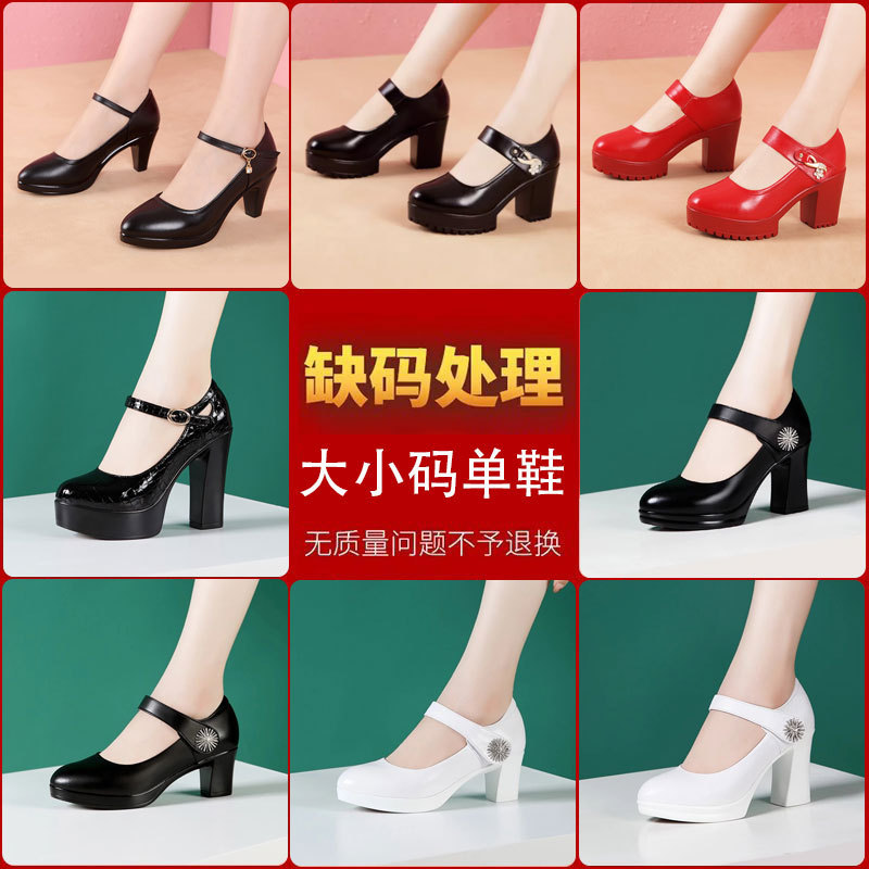 Model Runway High Heels Women's Genuine Leather Small Size 32-33 Large Size 42-43 Work Shoes Thick-Soled Single Shoes Chunky Heel Style
