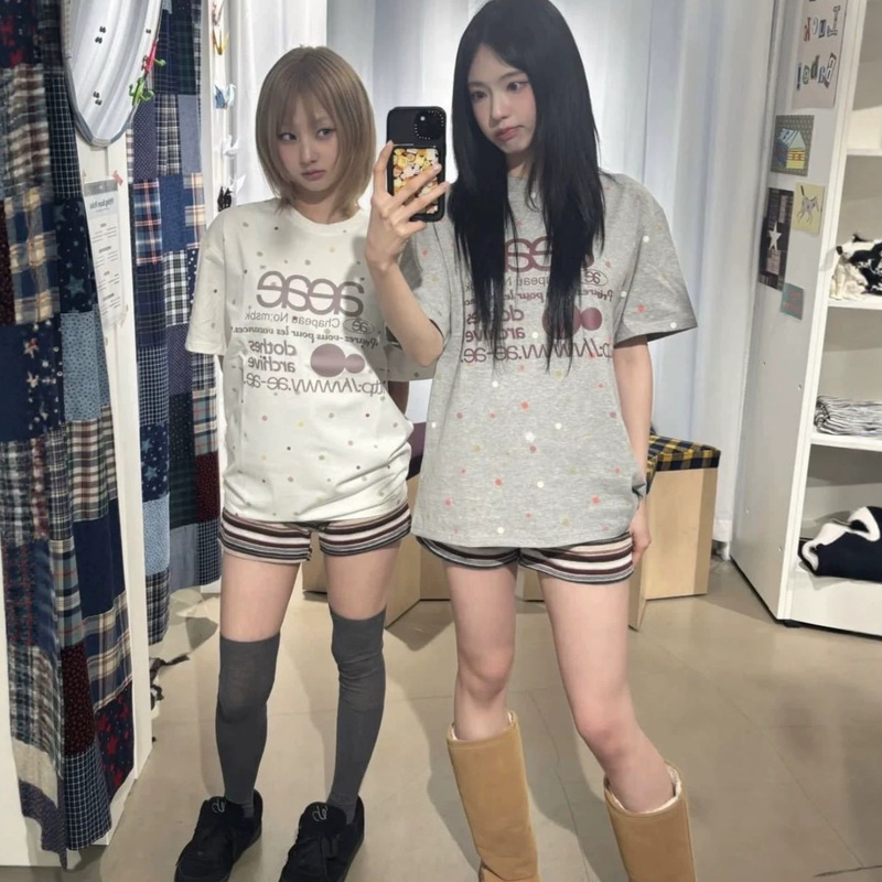 Korean Ins Niche Designer Ae New Polka Dot Letter Print Logo Versatile Loose Summer Short-Sleeved T-Shirt for Women Korean Ins Niche Designer Ae New Polka Dot Letter Print Logo Versatile Loose Summer Short-Sleeved T-Shirt for Women