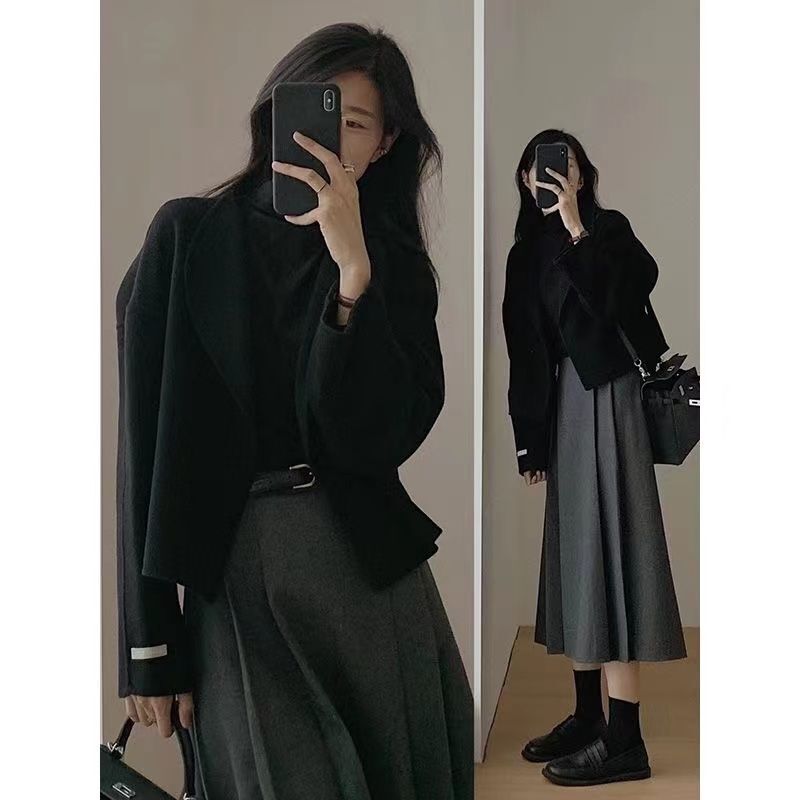 春秋女装奶系毛呢温柔秋冬外套2025高腰新款半身裙套装|undefined