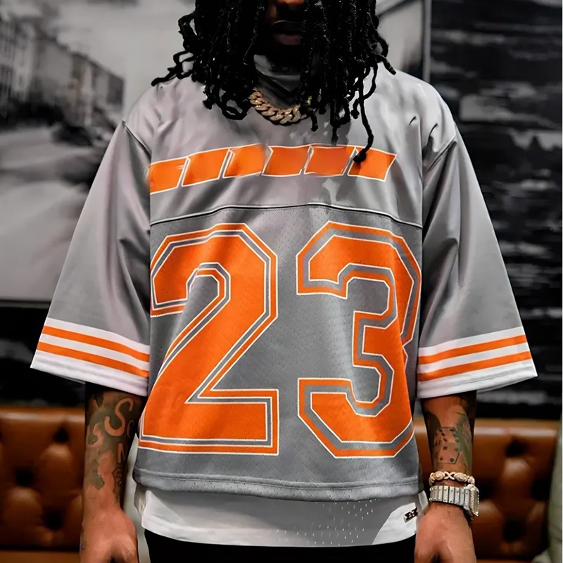 クロスボーダーホットセールレトロジャージ写真プリントヨーロッパとアメリカの若者ルーズVネックスポーツオフショルダーTシャツファンジャージ|undefined