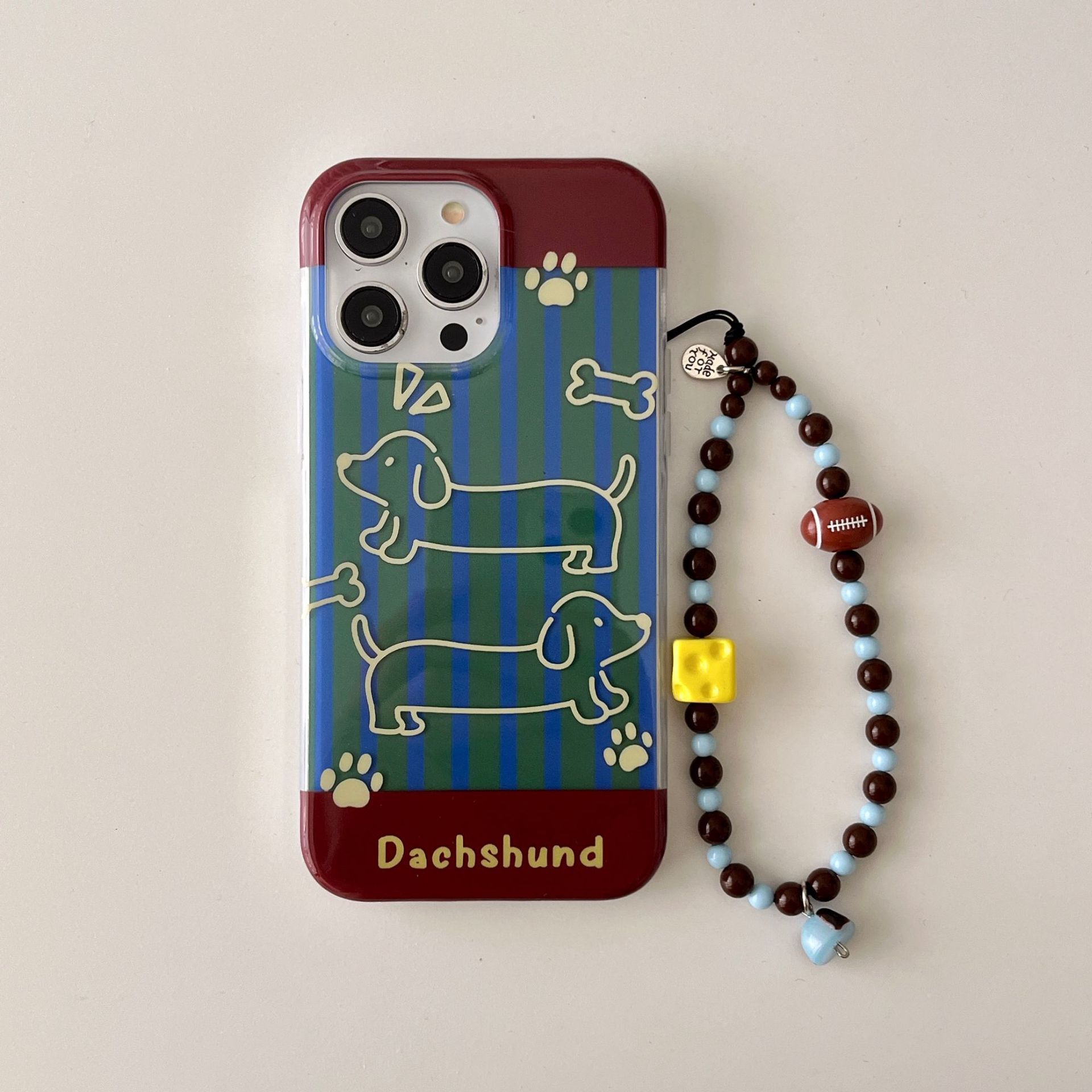 Perro salchicha a rayas estilo ins para iPhone 16promax funda para teléfono móvil 13 cadena Apple 14P 12 hembra