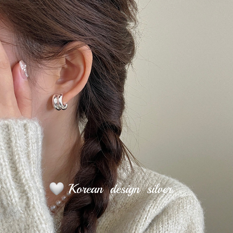 韓國ins博主同款飾品 S925純銀寬版雙層耳環 簡約小眾設計耳釘女