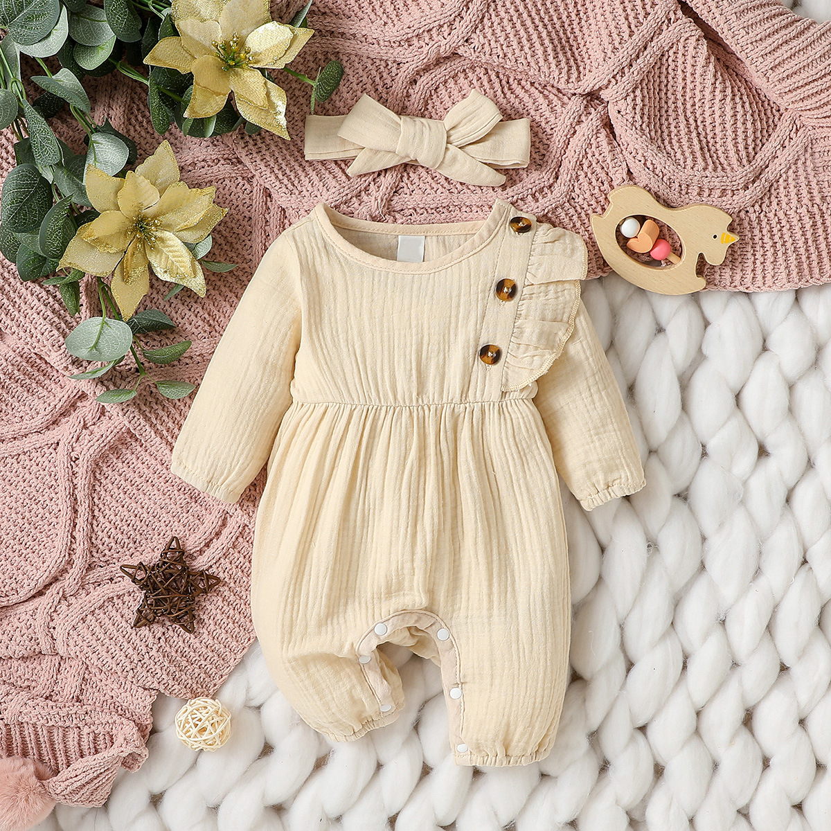 Cute Solid Color Bow Knot Cotton Baby Rompers display picture 8