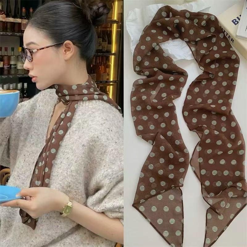 New Brown Poll Dot Silk Chiffon Silk Scarf Women's Spring and Summer High-grade 100% Mulberry Silk Hair Band Tie Long Scarf