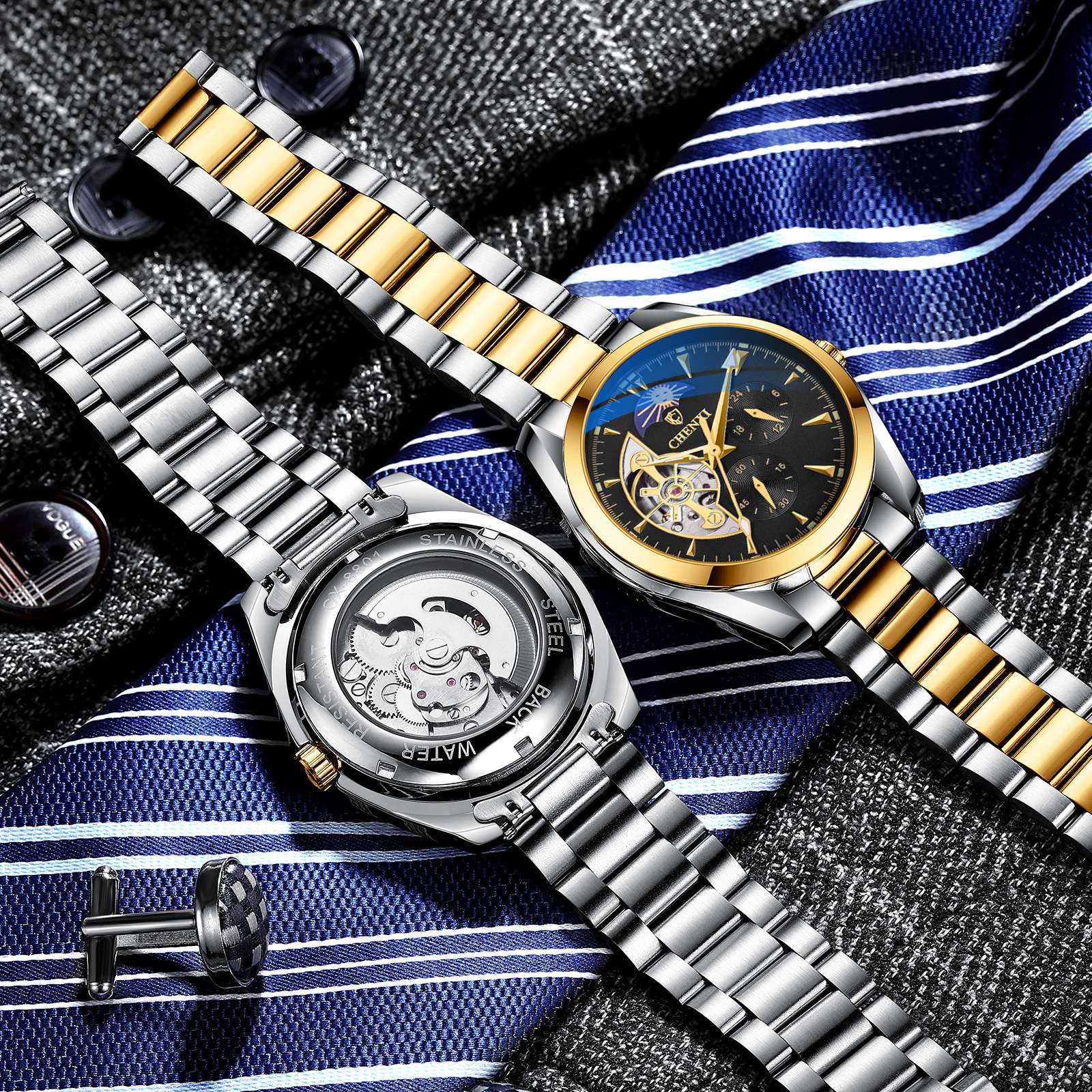 Chenxi reloj mecánico de los hombres impermeable Sun Moon Star automático cinturón de acero hueco reloj multifuncional 8801