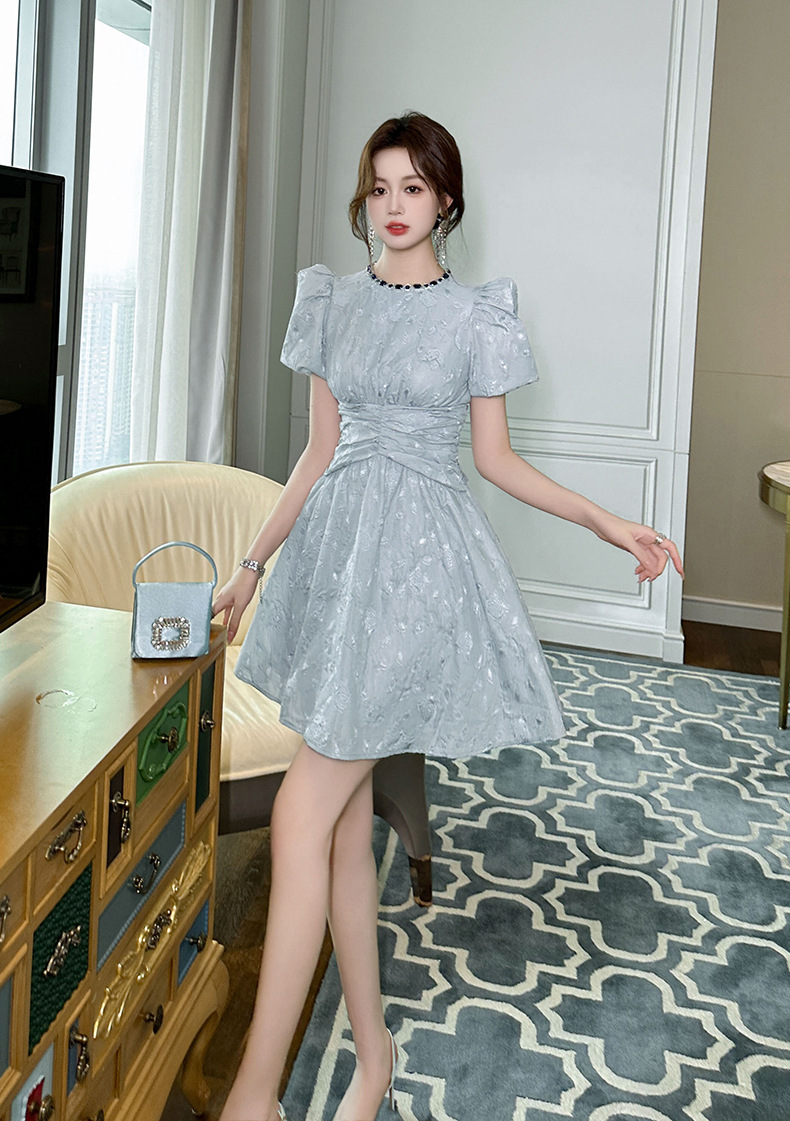 Váy chữ A retro cổ tròn tay bồng eo thon dáng xòe — Màu xám chi tiết 8