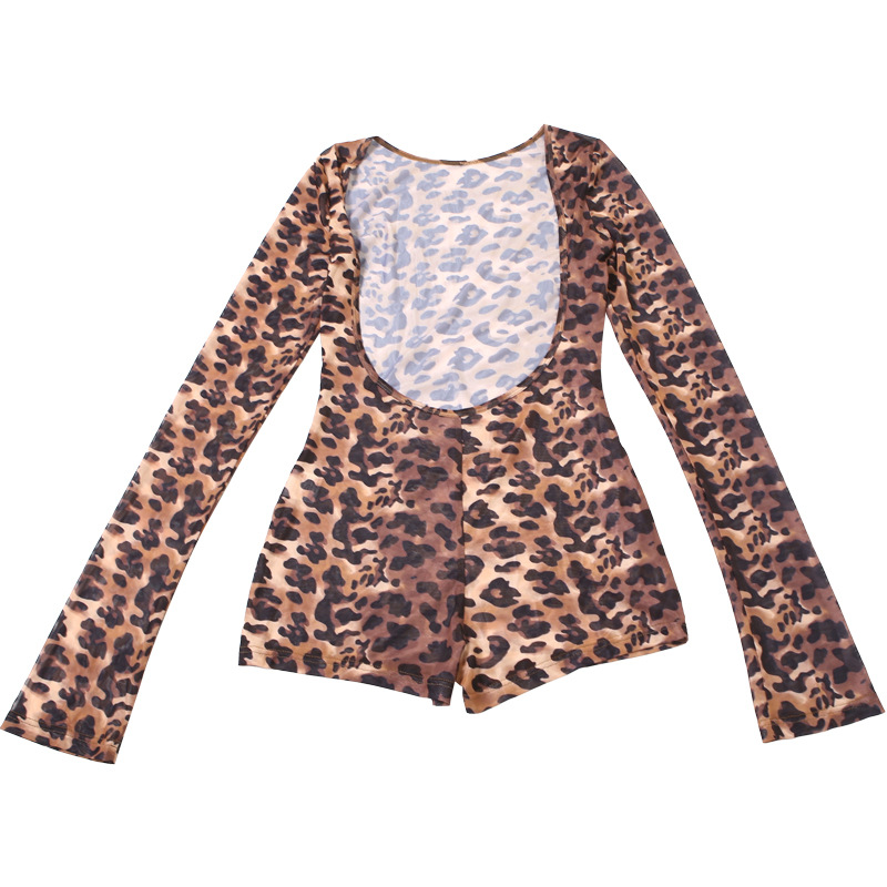Women Spring Clothing Sexy Horn Long Sleeve Contrast Color Leopard Print Backless Sexy Siamese Shorts