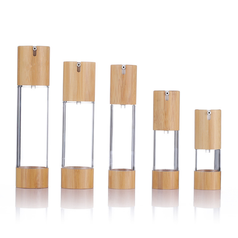 厂家供应AS竹木材质透明真空瓶 化妆品小样精华分装瓶 乳液按压瓶