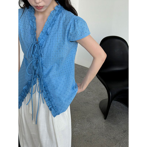 Lushi French Sweet Ruffled V-neck Short-sleeved Women's Summer New Lace Embroidery Tie-up Shirt Blouse 0842 