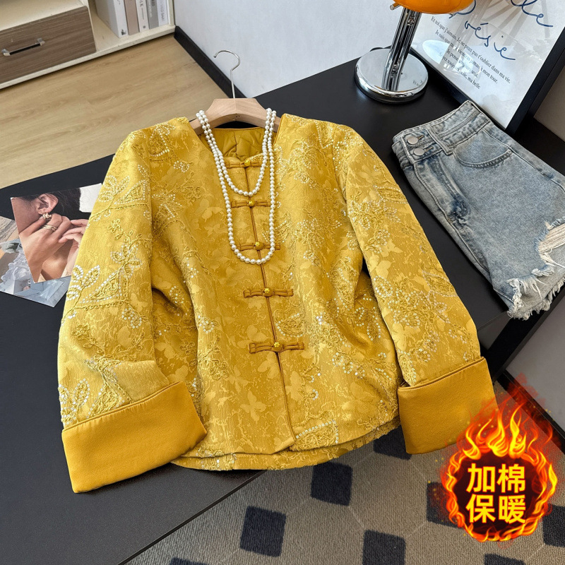 实拍新中式唐装圆领加棉重工刺绣提花珠片复古长袖拼接棉袄外套