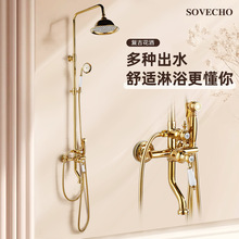 黄铜轻奢法式金色淋浴可升降花洒套装单把欧式冷热复古淋浴带喷枪