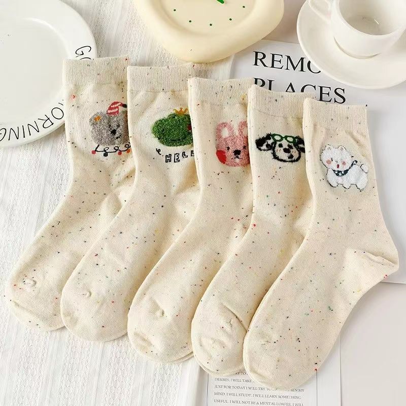 Women's Mid-Calf Socks Spring and Autumn Style Dotted Yarn Cute Cartoon Personality Long Tube Ins Trendy Internet Celebrity Winter Animal Long Socks