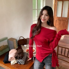 清仓不退换 秋季法式纯欲风斜肩绑定收腰显瘦长袖针织衫G7066