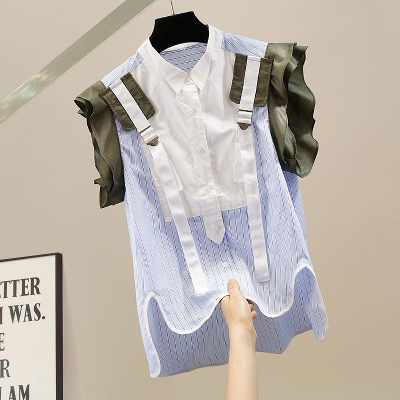 Spot Korean Style New Ruffled Contrasting Color Splicing Sleeveless Striped Shirt Fashionable Elegant Loose Top Trendy Spot Korean Style New Ruffled Contrasting Color Splicing Sleeveless Striped Shirt Fashionable Elegant Loose Top Trendy