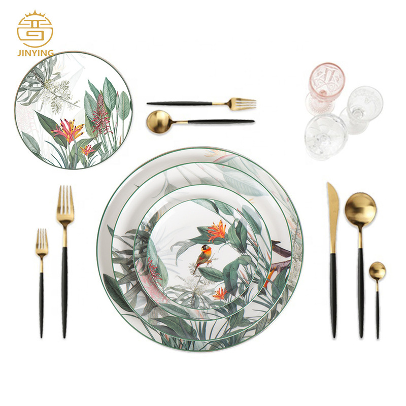 Hot selling tableware suit fine luxury dishes round tableware exquisite porcelain dinner flower and bird suit bone china