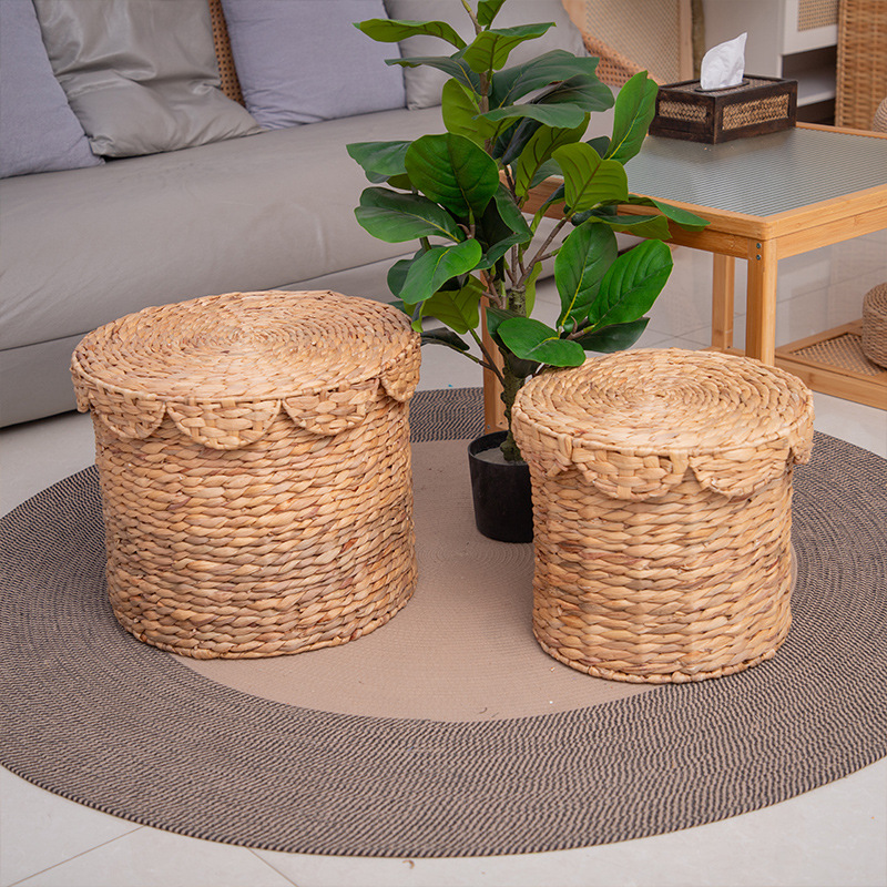 Personalizado Amazon nuevo producto encaje gran capacidad barril de almacenamiento hierba de calabaza canasta de ropa sucia cilíndrica color original almacenamiento de hierba de calabaza