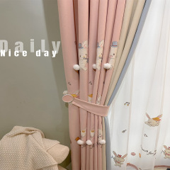 2024 New Pink Cartoon Curtain Fabric with Wool Balls Music Rabbit Children's Room Princess Style Curtain Set