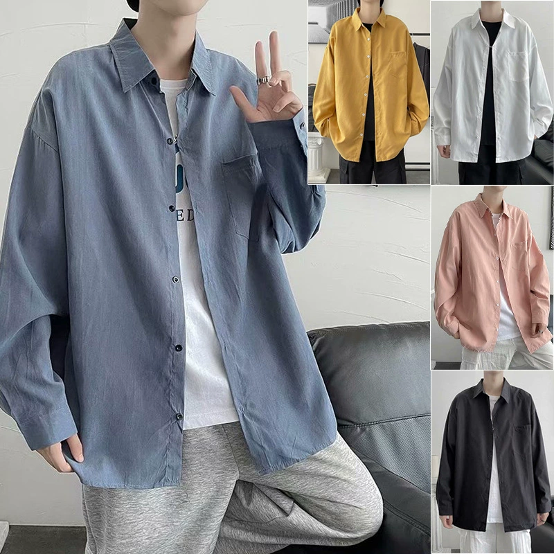 Однотонная мужская рубашка с длинными рукавами в гонконгском стиле, модная японская осенняя стильная студенческая повседневная свободная универсальная рубашка, тренд