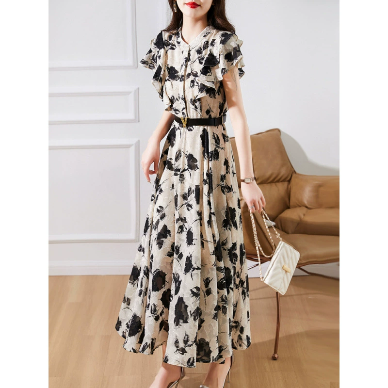 Платье с принтом для женщин, лето 2025, новая мода, элегантный нежный стиль, королевская сестра, утягивающая талию, юбка средней длины с цветочным принтом