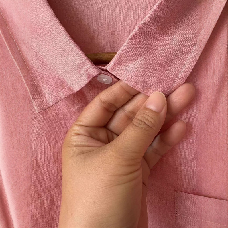 新款时尚通勤女士衬衫新款舒服透气粉色苎麻女长袖衬衣苎麻透气|undefined