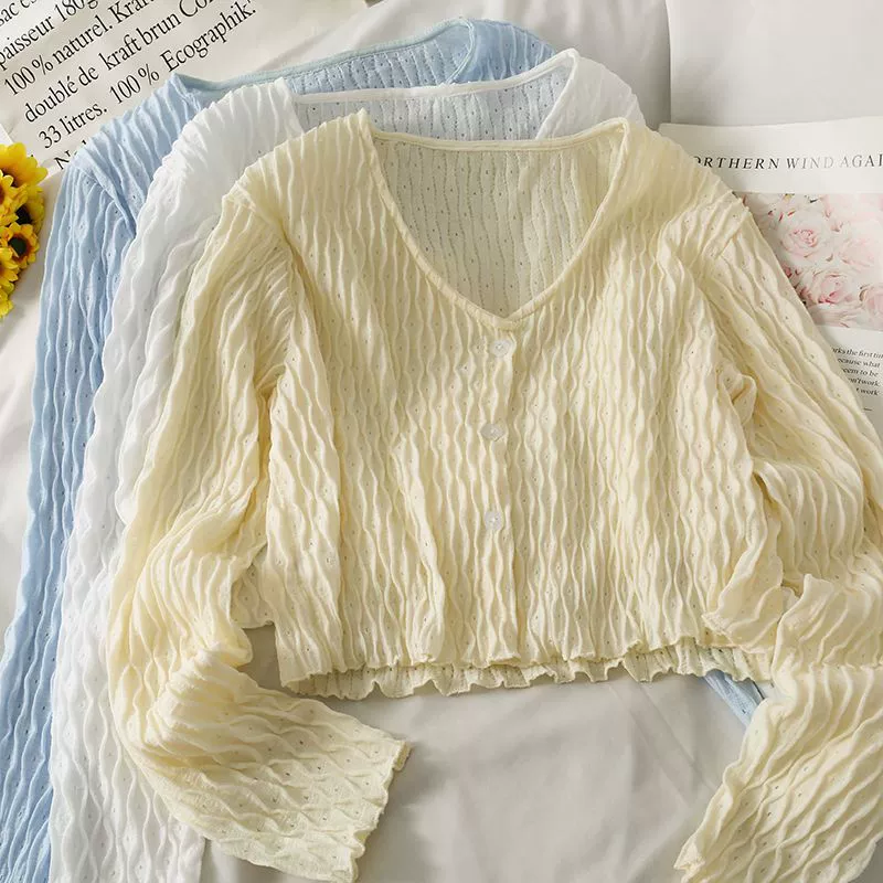 Тонкий тонкий короткий однобортный кардиган с длинными рукавами топ новый клетчатый уличный дикий V-образный вырез Летняя маленькая рубашка