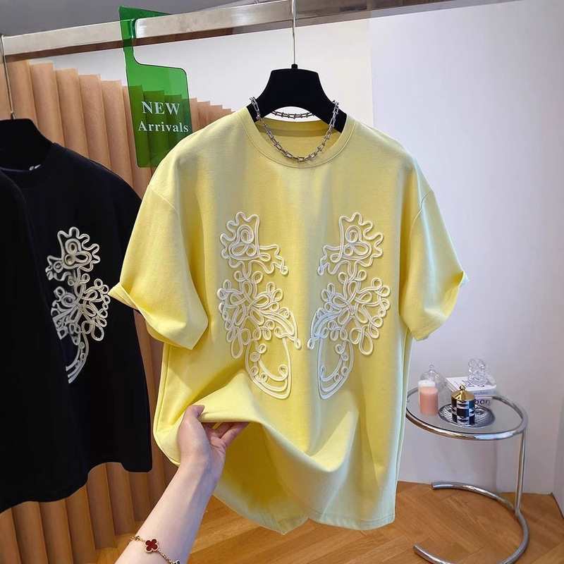 Three-dimensional Flower Decorative Design Sense Yellow T-shirt Women's Short-sleeved 2025 New European Loose Large Niche Top