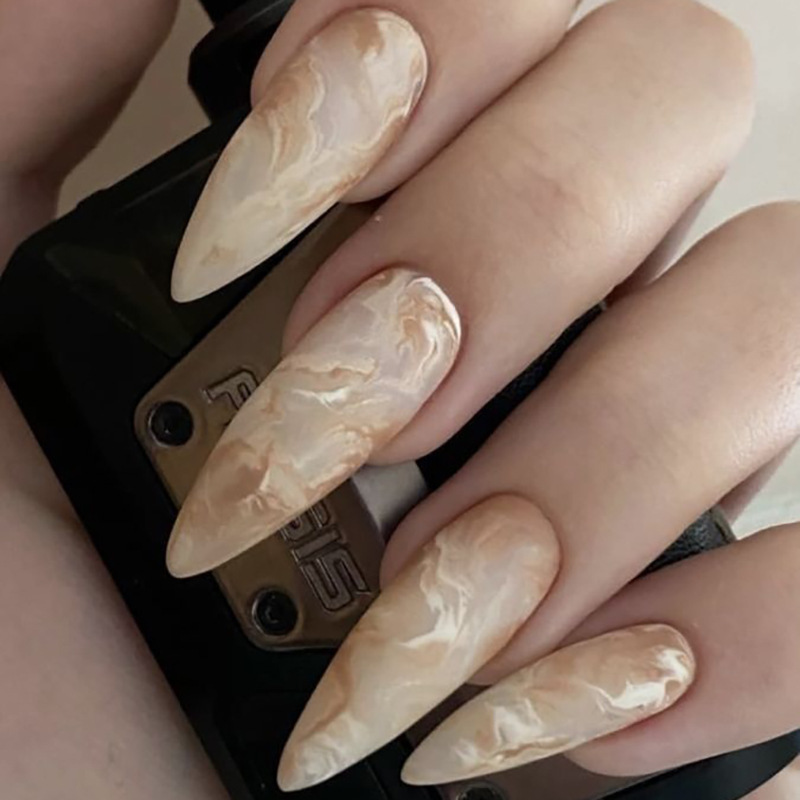 24 pieces simple marbling wear nail long pointed nail fake nail European and American nail sticker nail patch finished product