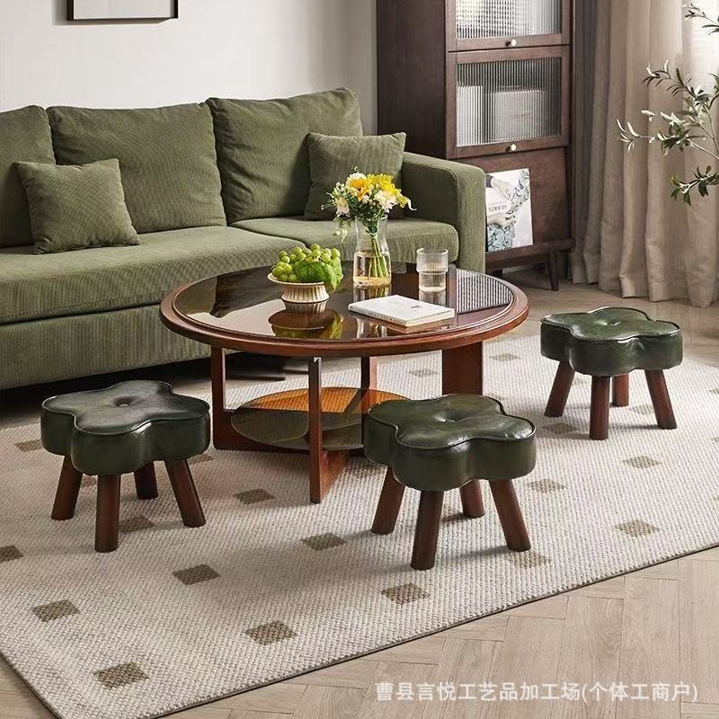 实木凳子软包矮凳家用小凳子客厅沙发儿童小木凳门口四叶草换鞋凳|undefined