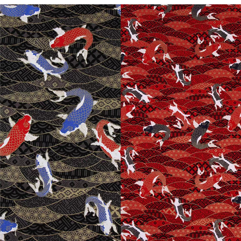 【上新】全棉烫金印花布 红底鲤鱼 睡衣和服 旗袍面料