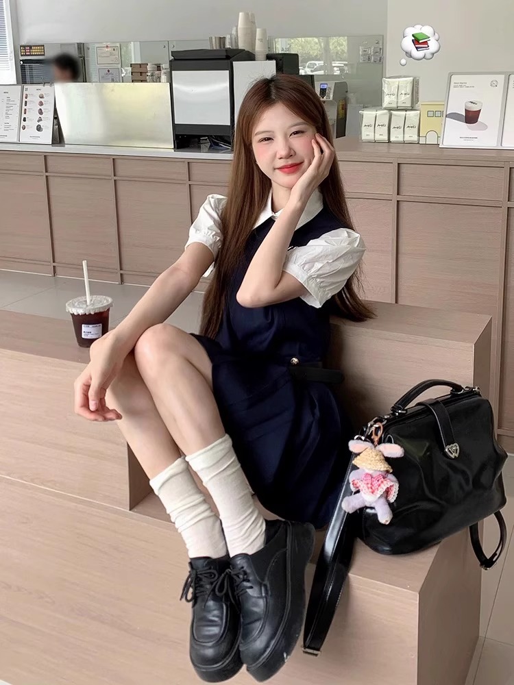 아카데미 스타일 슈트 여름 새로운 디자인 하이 웨이스트 슬림 반팔 셔츠 서스펜더 플리츠 드레스 투피스 세트